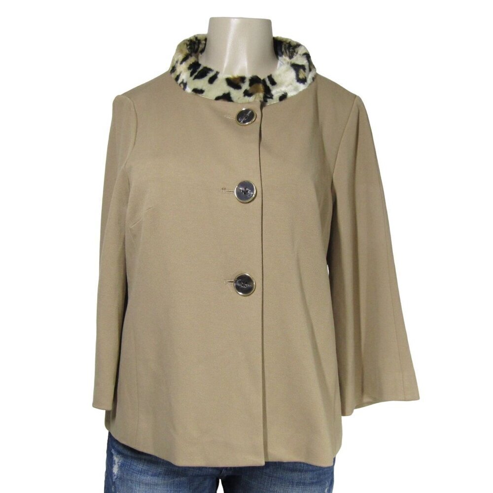 CHICOS Camel Tan LEOPARD Animal Print Faux fur Collar Retro Swing Jacket 1 M 8